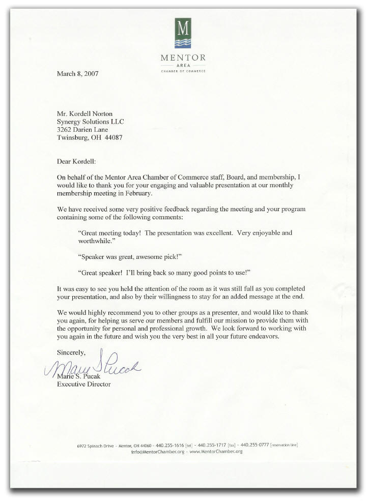 Reference letter for Kordell Norton from the Mentor Chamber of ...