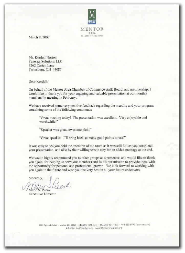 letter for Kordell Norton from the Mentor Chamber of Commerce for Keynote Speech